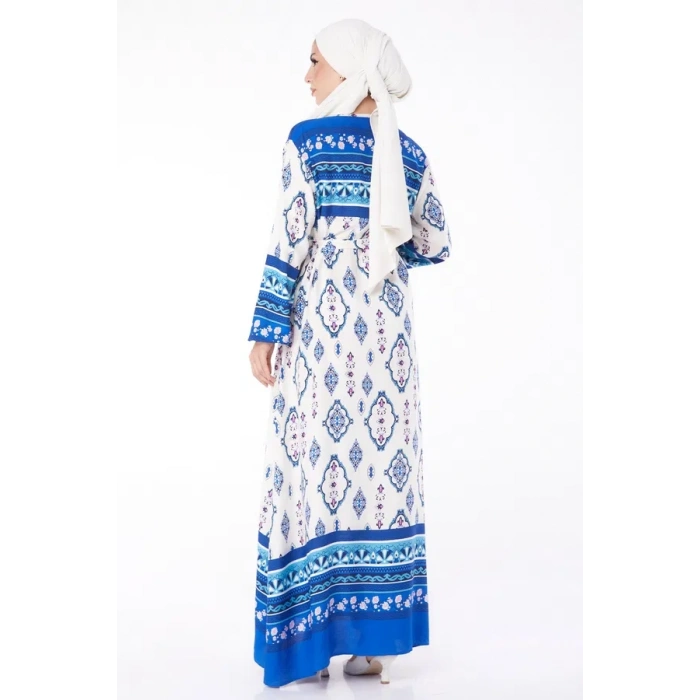 Düz Bisiklet Yaka Kadın Mavi Etnik Desenli Elbise