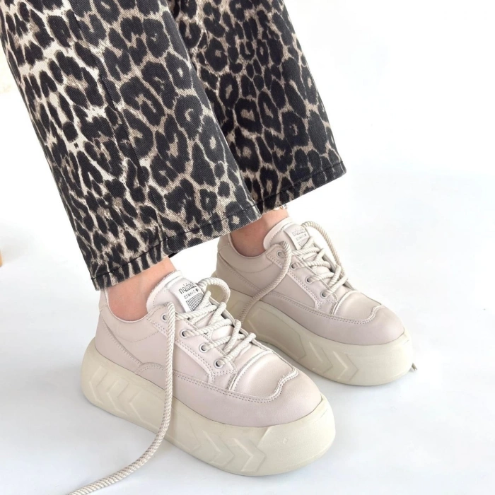 Emwa Bej Cilt Bağcıklı Spor Ayakkabı