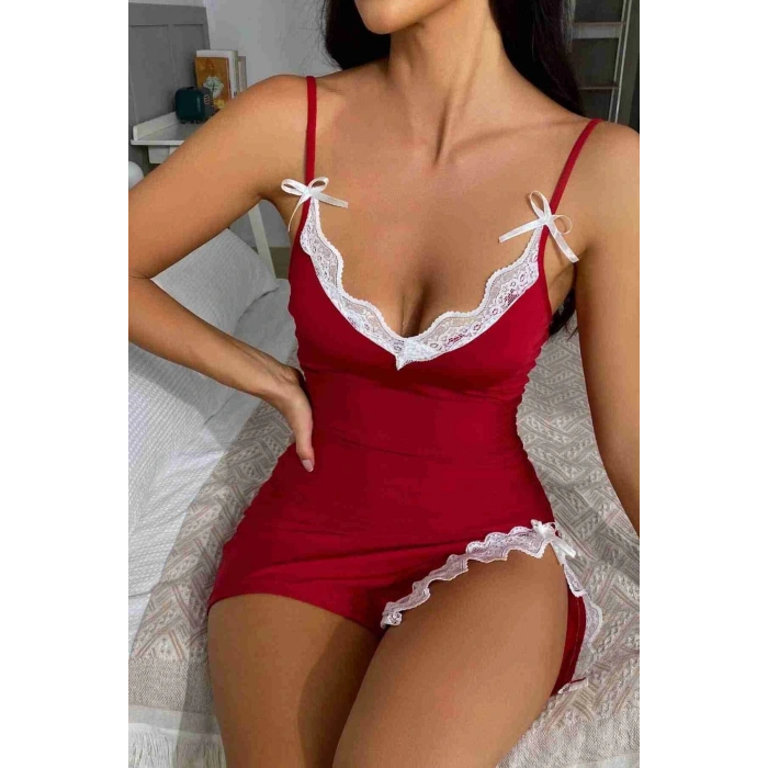 Gizotti Bacak Yırtmaçlı Dantel İşlemeli Kadın Gecelik Babydoll Kırmızı