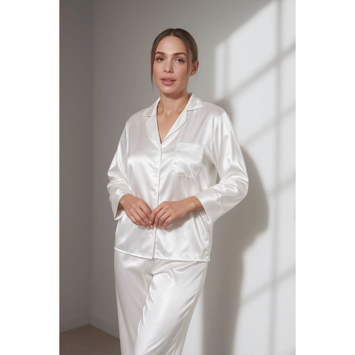 GİZOTTİ BEYAZ SATEN İKİLİ PİJAMA TAKIMI