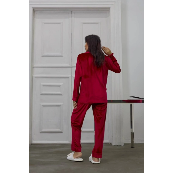 GİZOTTİ BORDO GOFRAJLI KALP NAKIŞLI UZUN KADİFE PİJAMA TAKIMI