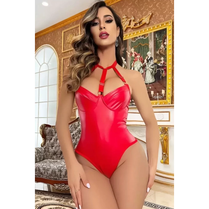 Gizotti Deri Görünümlü Babydoll Kırmızı