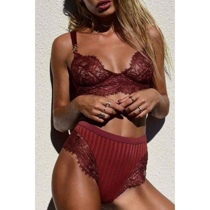Gizotti Kadın Bordo Dantel Sütyen Külot Takım