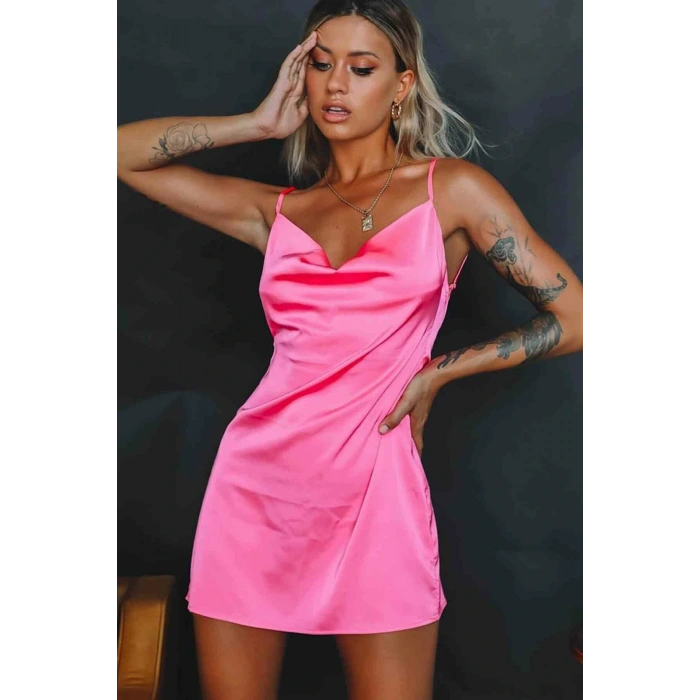Gizotti Kadın Saten Yırtmaçlı Kısa Gecelik Pembe