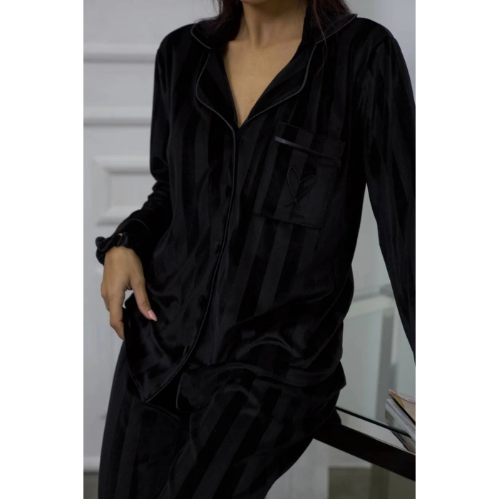 GİZOTTİ SİYAH GOFRAJLI KALP NAKIŞLI UZUN KADİFE PİJAMA TAKIMI