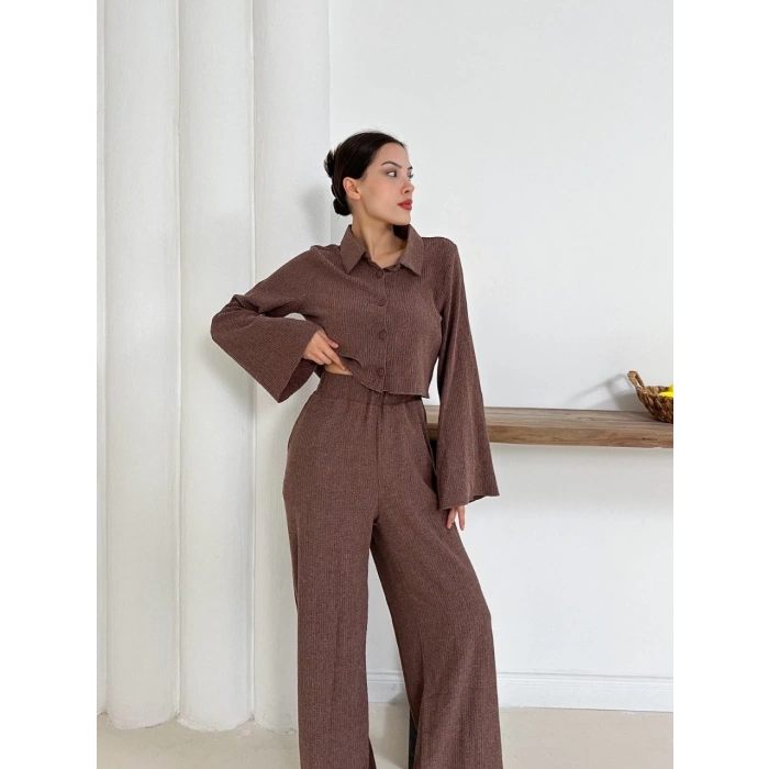 Gömlek yaka kaplama düğmeli takım kahve st265866