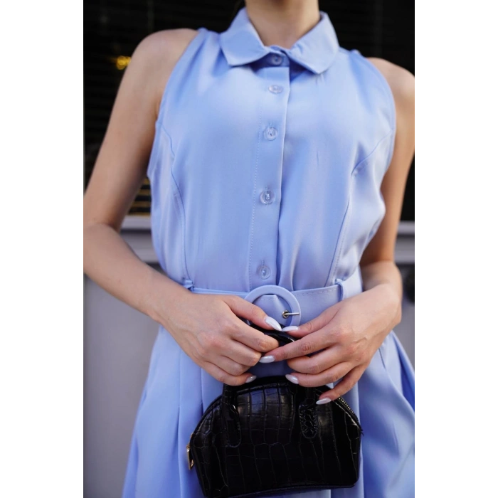 Gömlek yaka kemerli elbise mavi s255061