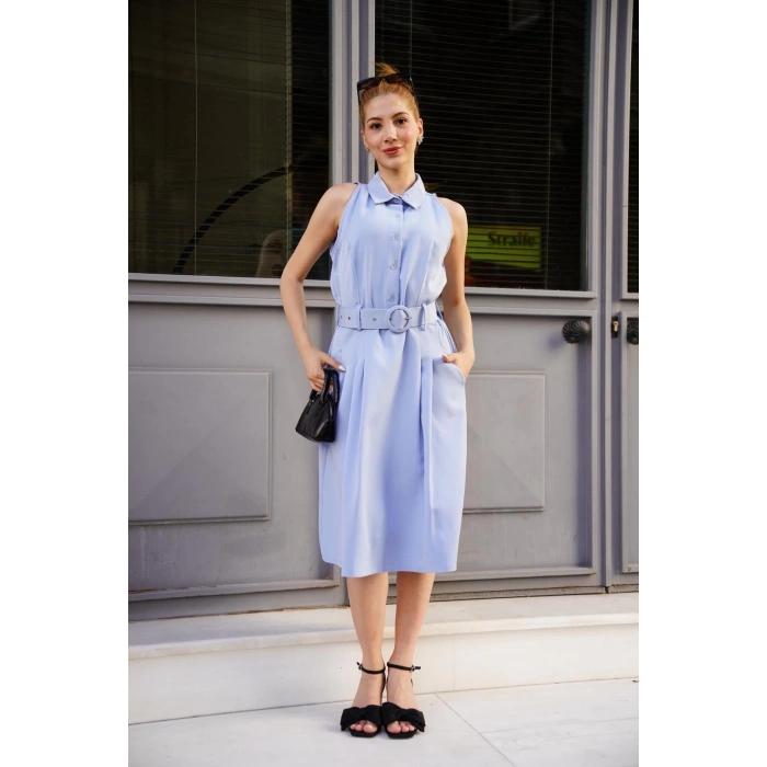 Gömlek yaka kemerli elbise mavi s255061