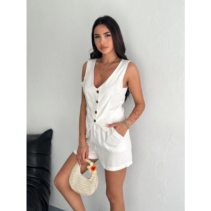 Kadın keten şort yelek takım s3461