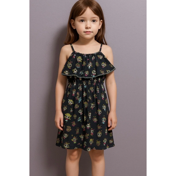 Karikatür baskılı askılı kız çocuk elbisesi lacivert