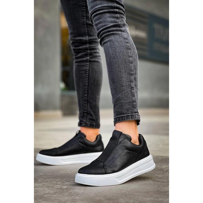 KB-007  Kuback Siyah Beyaz Yüksek Taban Tek Bant Bağcıksız Günlük Erkek Ayakkabı