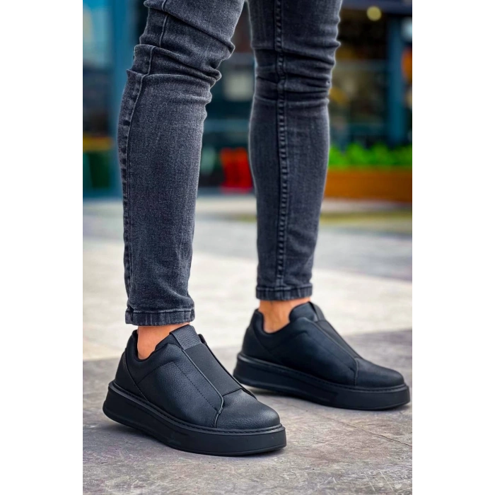 KB-007  Kuback Siyah Siyah Yüksek Taban Tek Bant Bağcıksız Günlük Erkek Ayakkabı