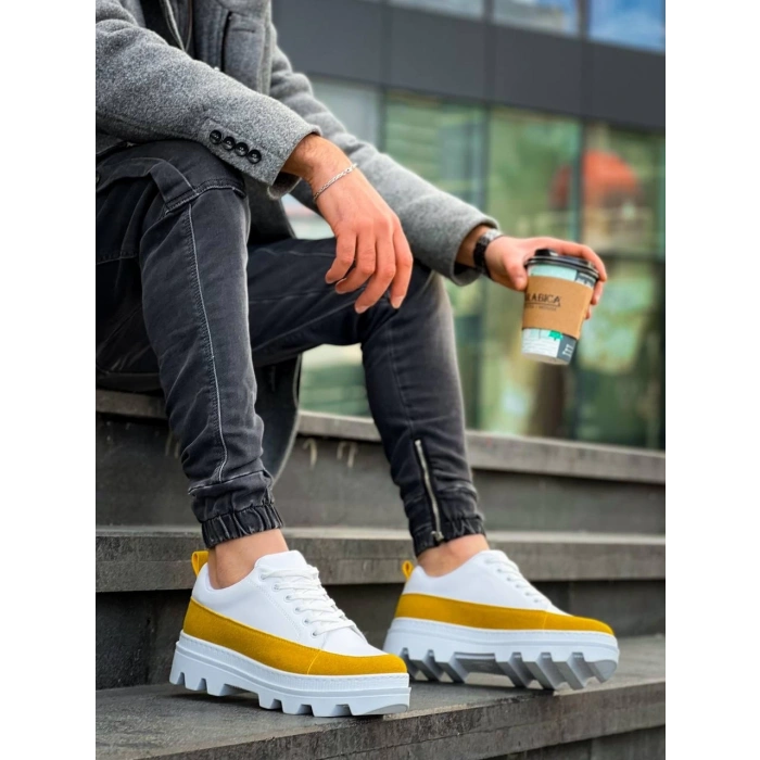 KB-056 Kuback Beyaz Sarı Detaylı Beyaz Yüksek Taban Günlük Spor Ayakkabı