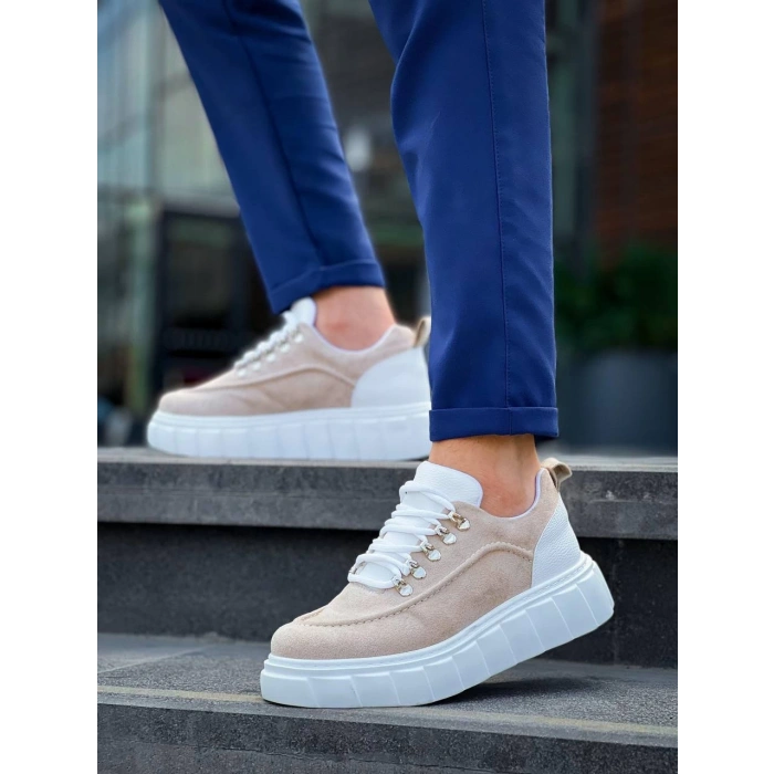 KB-X10 Kuback Bej Süet Beyaz Yüksek Taban Günlük Spor Ayakkabı