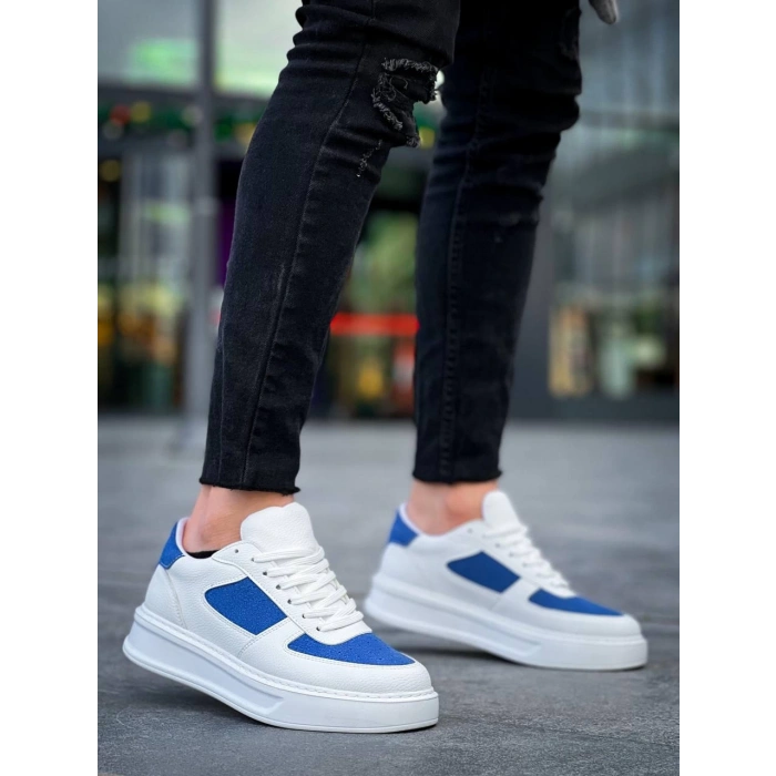 KB-X8 Kuback Beyaz Cilt Mavi Süet Detaylı Beyaz Yüksek Taban Günlük Spor Ayakkabı