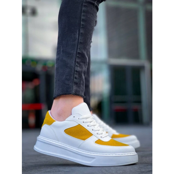 KB-X8 Kuback Beyaz Cilt Sarı Süet Detaylı Beyaz Yüksek Taban Günlük Spor Ayakkabı