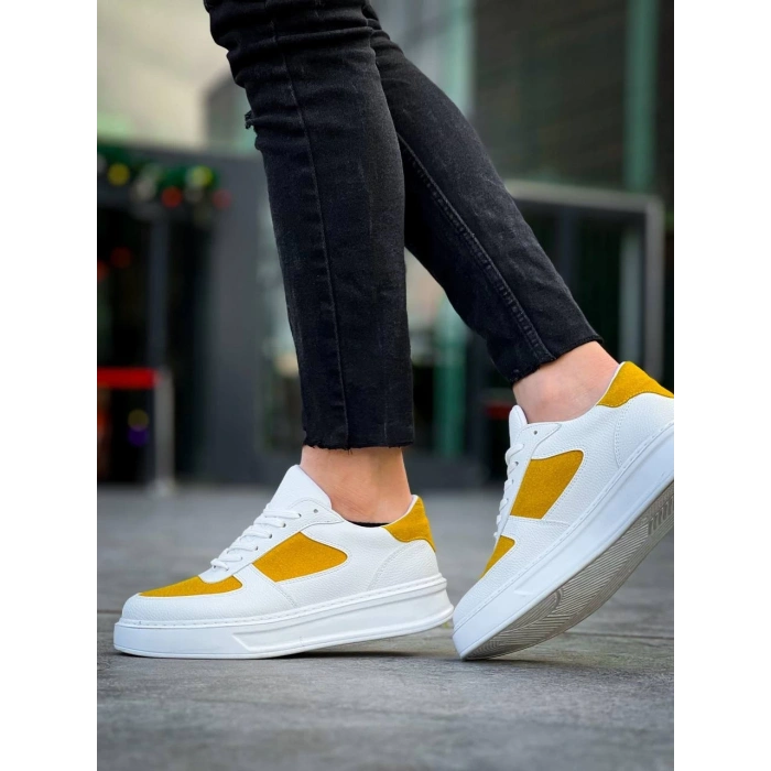 KB-X8 Kuback Beyaz Cilt Sarı Süet Detaylı Beyaz Yüksek Taban Günlük Spor Ayakkabı