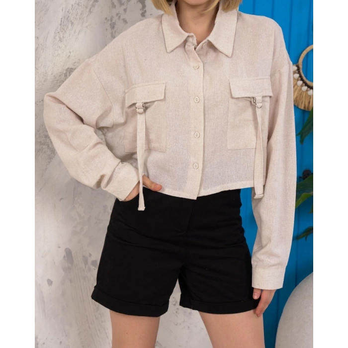 Kemer cepli keten crop gömlek krem s255350