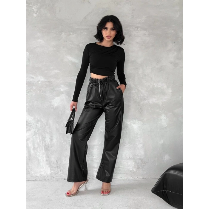 Kendinden ince kemerli deri pantolon siyah t1178