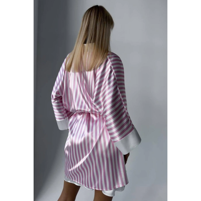 KLASİK PUDRA ASKILI GECELİK & PEMBE ÇİZGİLİ SABAHLIK