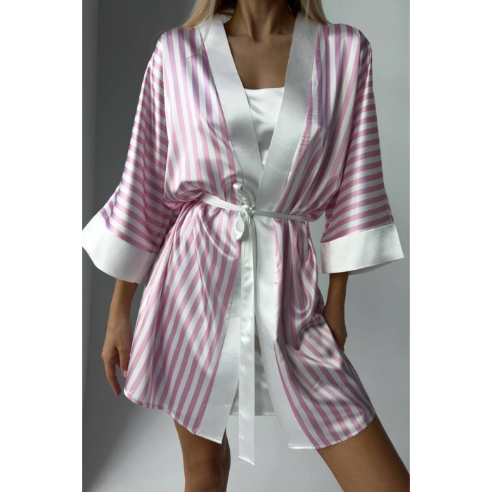 KLASİK PUDRA ASKILI GECELİK & PEMBE ÇİZGİLİ SABAHLIK