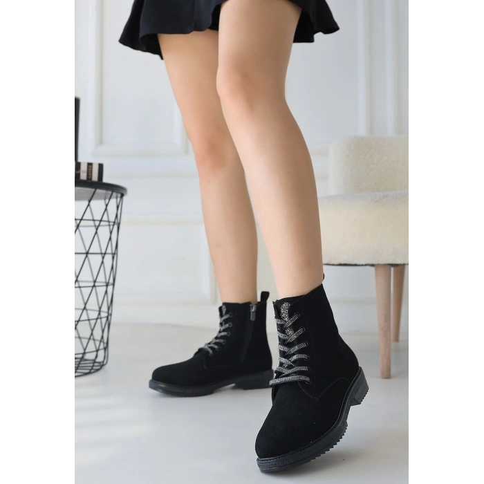 Kolly Siyah Süet Bağcıklı Bot