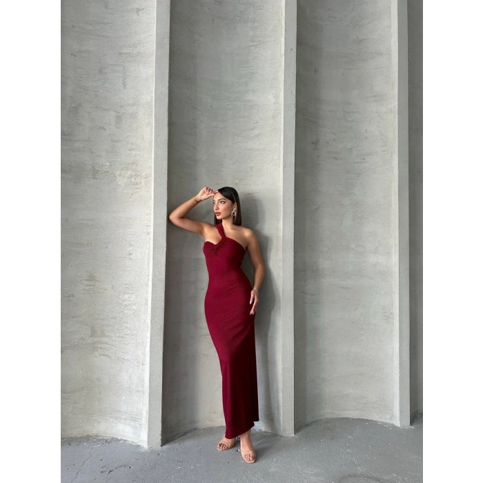 Krinkıl tek omuz uzun elbise bordo s25455