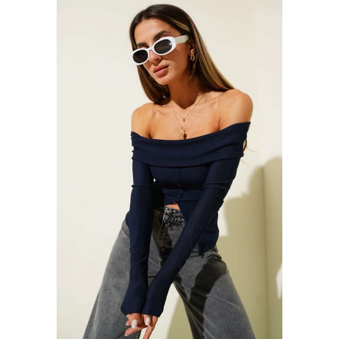 Madonna Yaka Düğmeli Bluz Lacivert t4329
