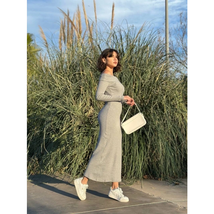 Madonna yaka uzun elbise şardonlu kumaş gri w3753