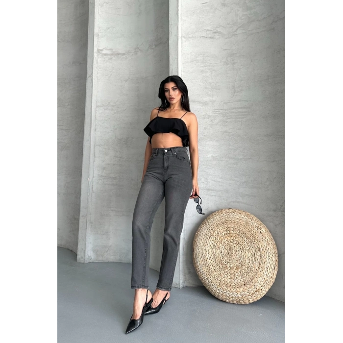 Mom fit enzim taş yıkama jeans pantolon füme d2006