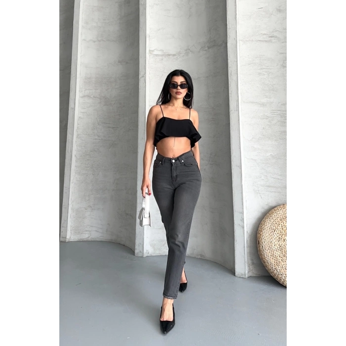 Mom fit enzim taş yıkama jeans pantolon füme d2006