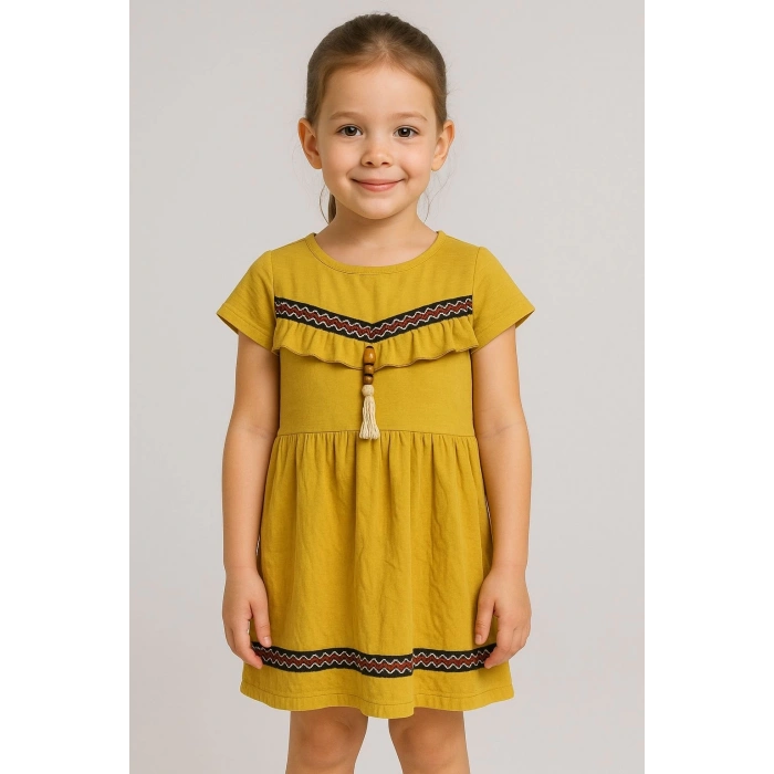 Önü püsküllü boncuk detaylı kız çocuk elbisesi hardal