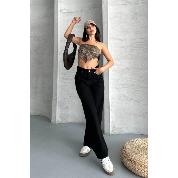 Palazzo straight enzim süper taş yıkama jeans pantolon siyah d2008