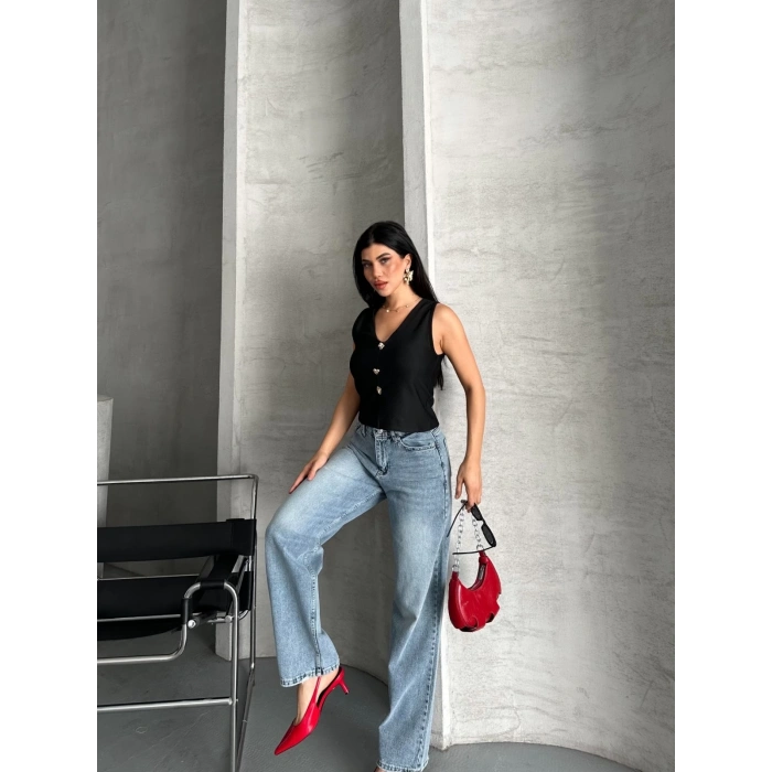 Palazzo straight kar yıkama jeans pantolon mavi d2008