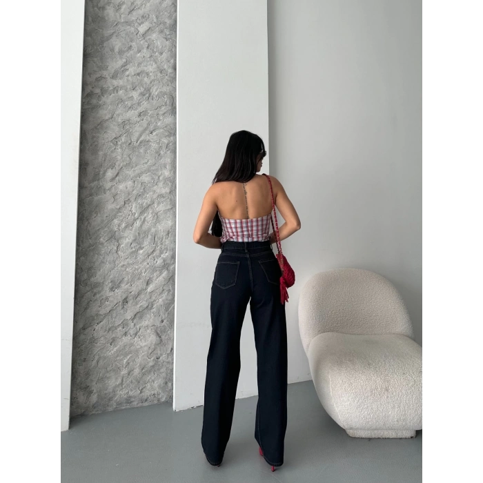 Palazzo süper taş enzim tint yıkama koyu lacivert jeans pantolon d2008