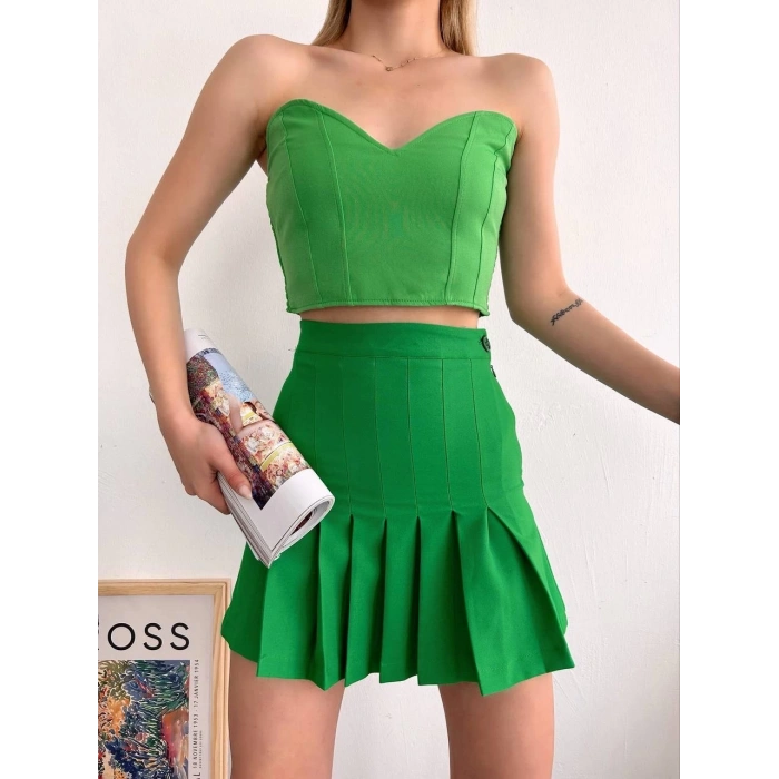 Pileli düğmeli etek açık yeşil s24811