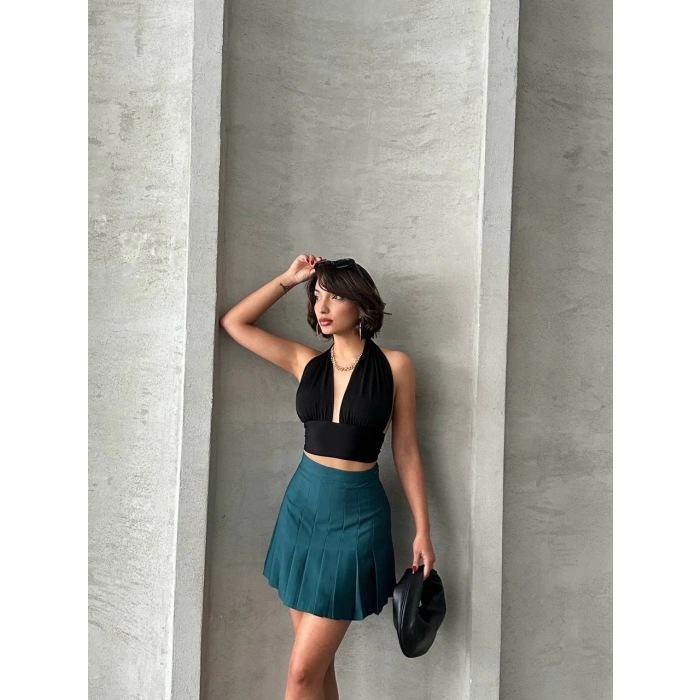 Pileli düğmeli etek yeşil s24811