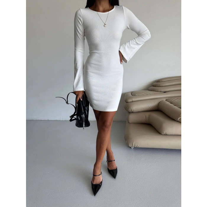 Prenses kol esnek kumaş elbise beyaz f2334