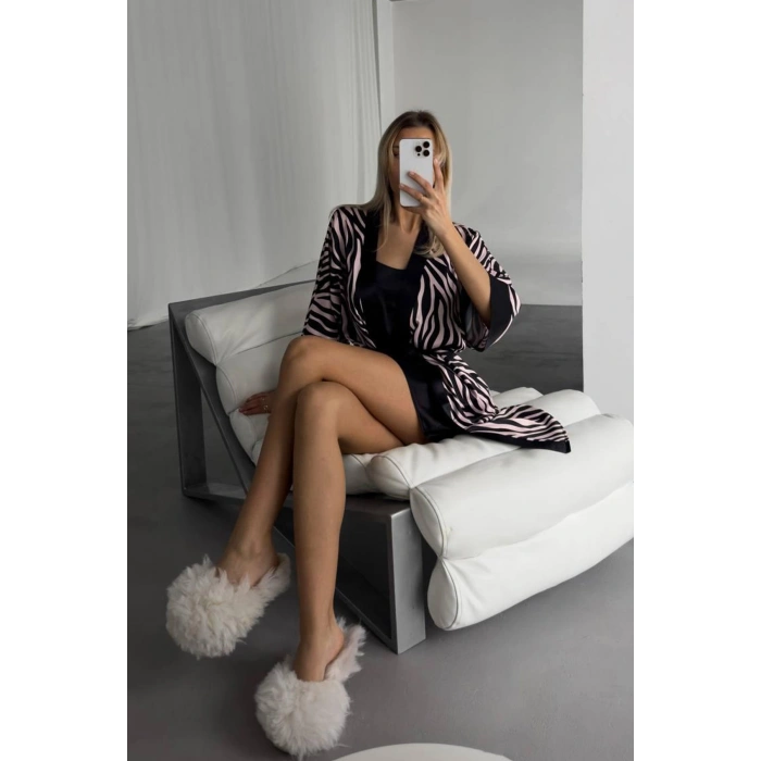 PUDRA SİYAH LEOPAR DİJİTAL BASKILI GECELİK & PUDRA SİYAH