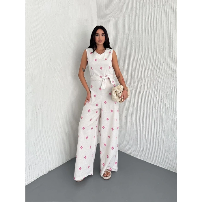 Sırt dekolteli keten beyaz tulum S1036