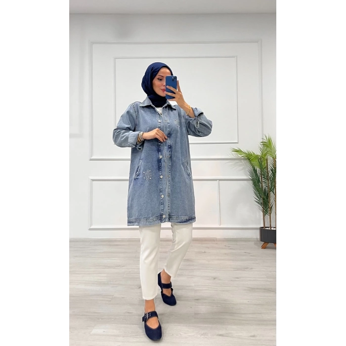 Taşlı tunik ceket kar yıkamalı mavi d2516