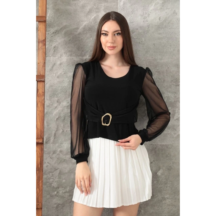 Tokalı tül kollu bluz siyah t4071