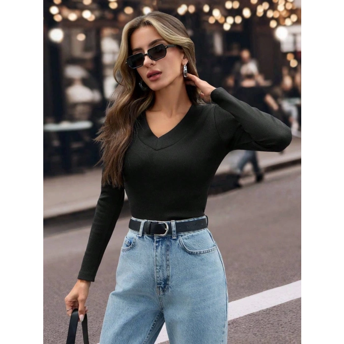 V yaka kaşkorse bluz siyah w3817