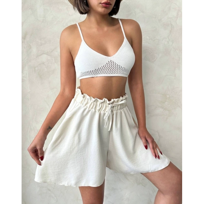 Volanlı keten şort bej s255058