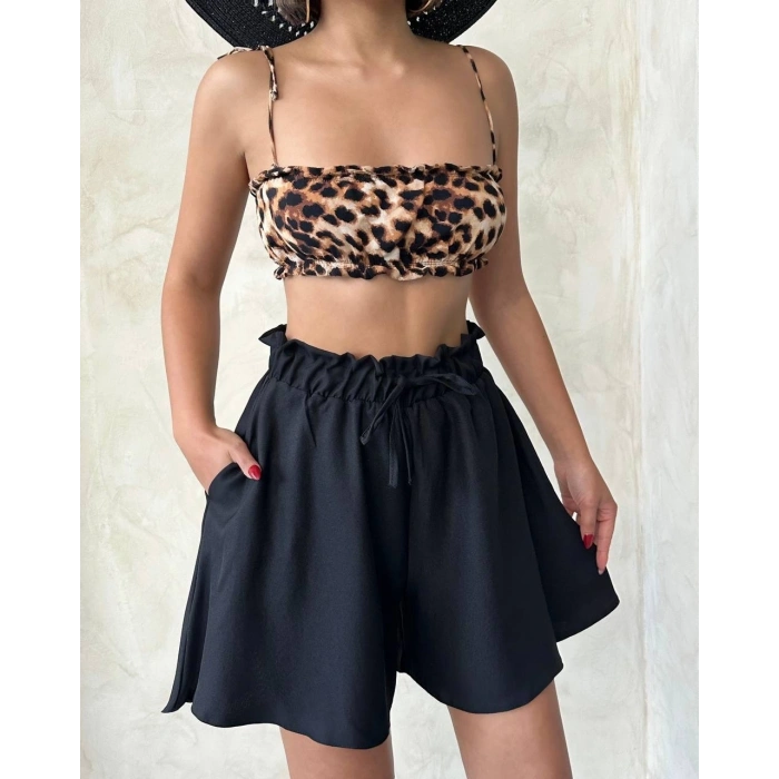 Volanlı keten şort siyah s255058