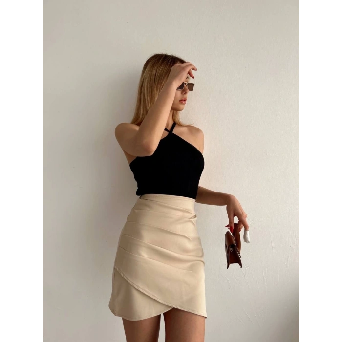 Yandan drapeli asimetrik etek bej s24771