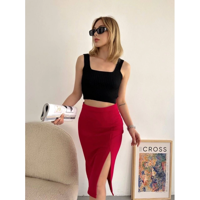 Yırtmaçlı esnek kumaş midi boy etek koyu kırmızı