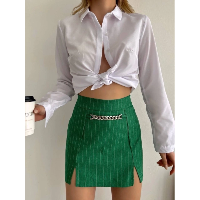 Zincir detaylı çizgili şort etek