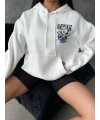 3 iplik şardonlu oversize kafa baskılı sweat beyaz