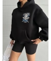 3 iplik şardonlu oversize kafa baskılı sweat siyah